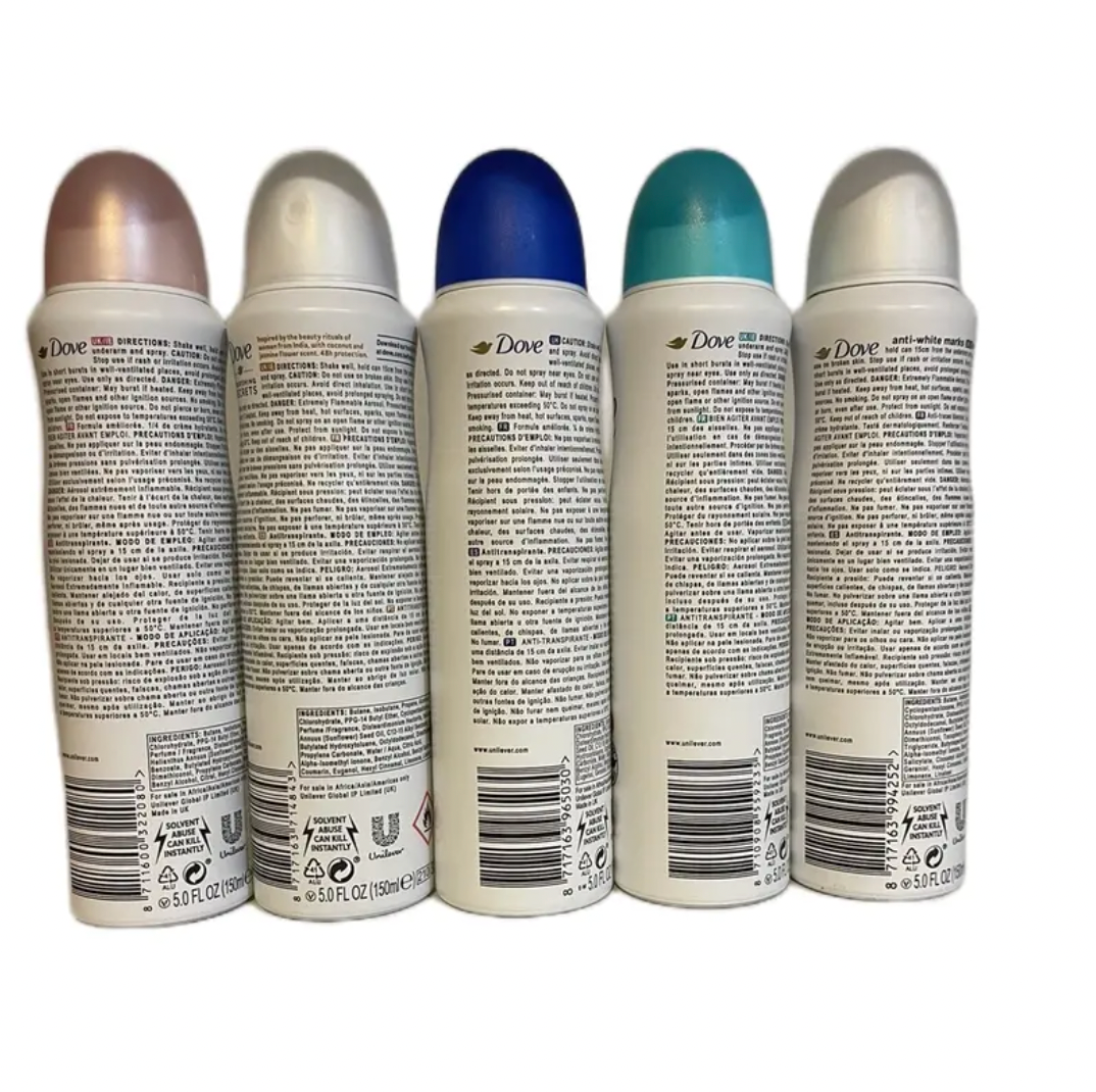 Dove antiperspirant Spray 150ml Restoring Ritual, Orginal, Beauty finish, go fresh, and InvisibleDry Pack of 5
