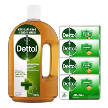 Dettol Antiseptic Disinfectant For first Aid, home cleaning, acne, 750 ml & 4 Soap Bars - Effective Surface Cleaner for Household Hygiene- Package May vary Healthcare