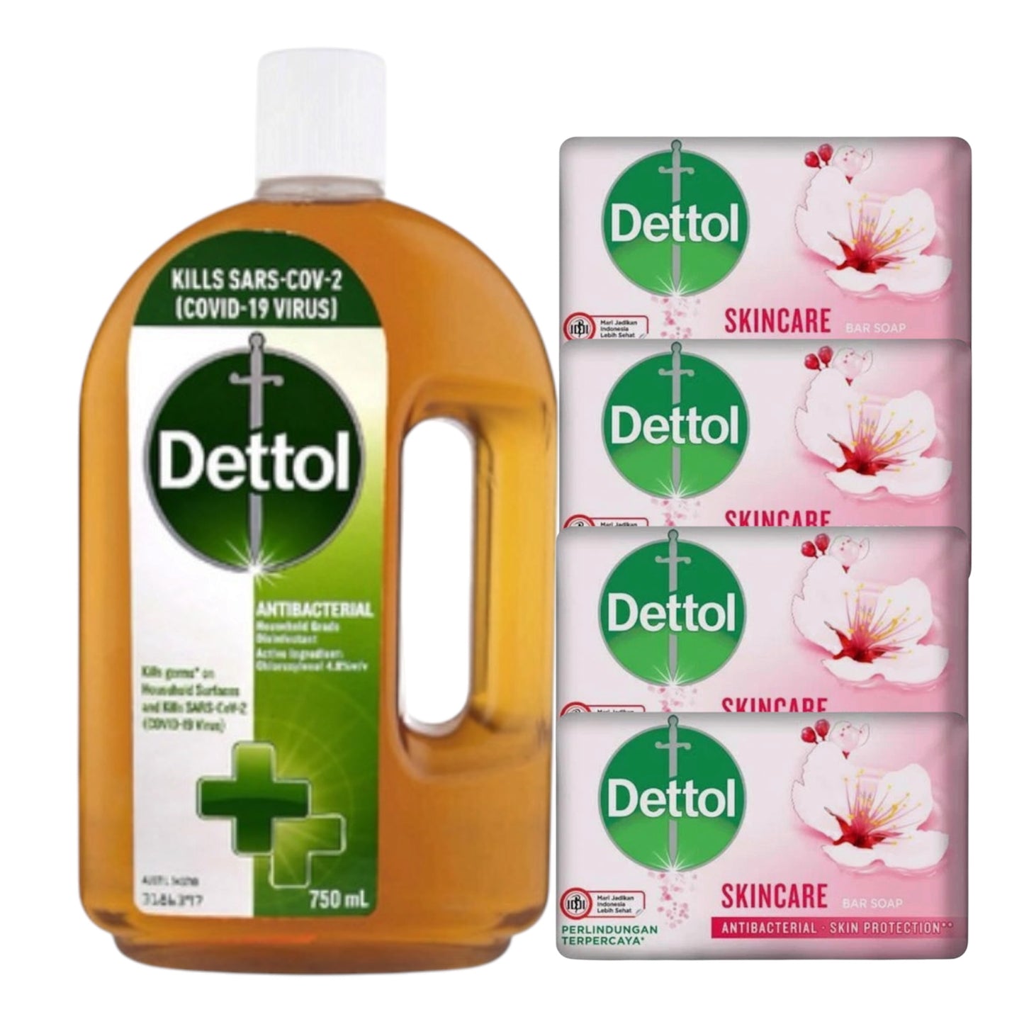 Dettol Antiseptic Disinfectant For first Aid, home cleaning, acne, 750 ml & 4 Soap Bars - Effective Surface Cleaner for Household Hygiene- Package May vary Healthcare