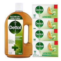 Dettol Antiseptic Disinfectant For first Aid, home cleaning, acne, 750 ml & 4 Soap Bars - Effective Surface Cleaner for Household Hygiene- Package May vary Healthcare