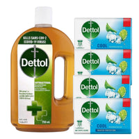 Dettol Antiseptic Disinfectant For first Aid, home cleaning, acne, 750 ml & 4 Soap Bars - Effective Surface Cleaner for Household Hygiene- Package May vary Healthcare