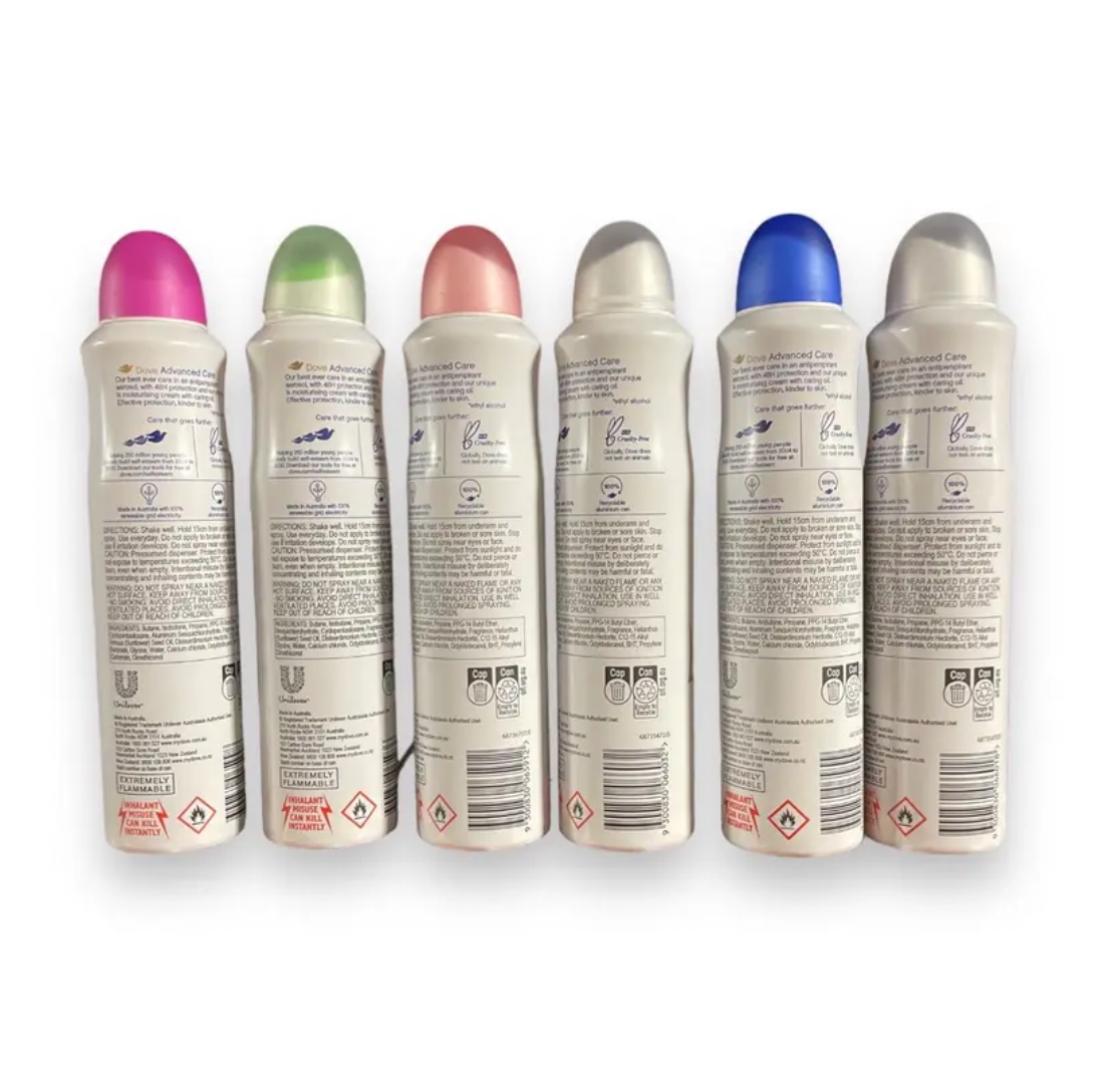 Dove Antiperspirant Deodorant Aerosol Special Edition Pack 6 Scents Cucumber Green Tea, Pomegranate, Original, Coconut 250ml Each Gentle Scented Aroma Package May Very