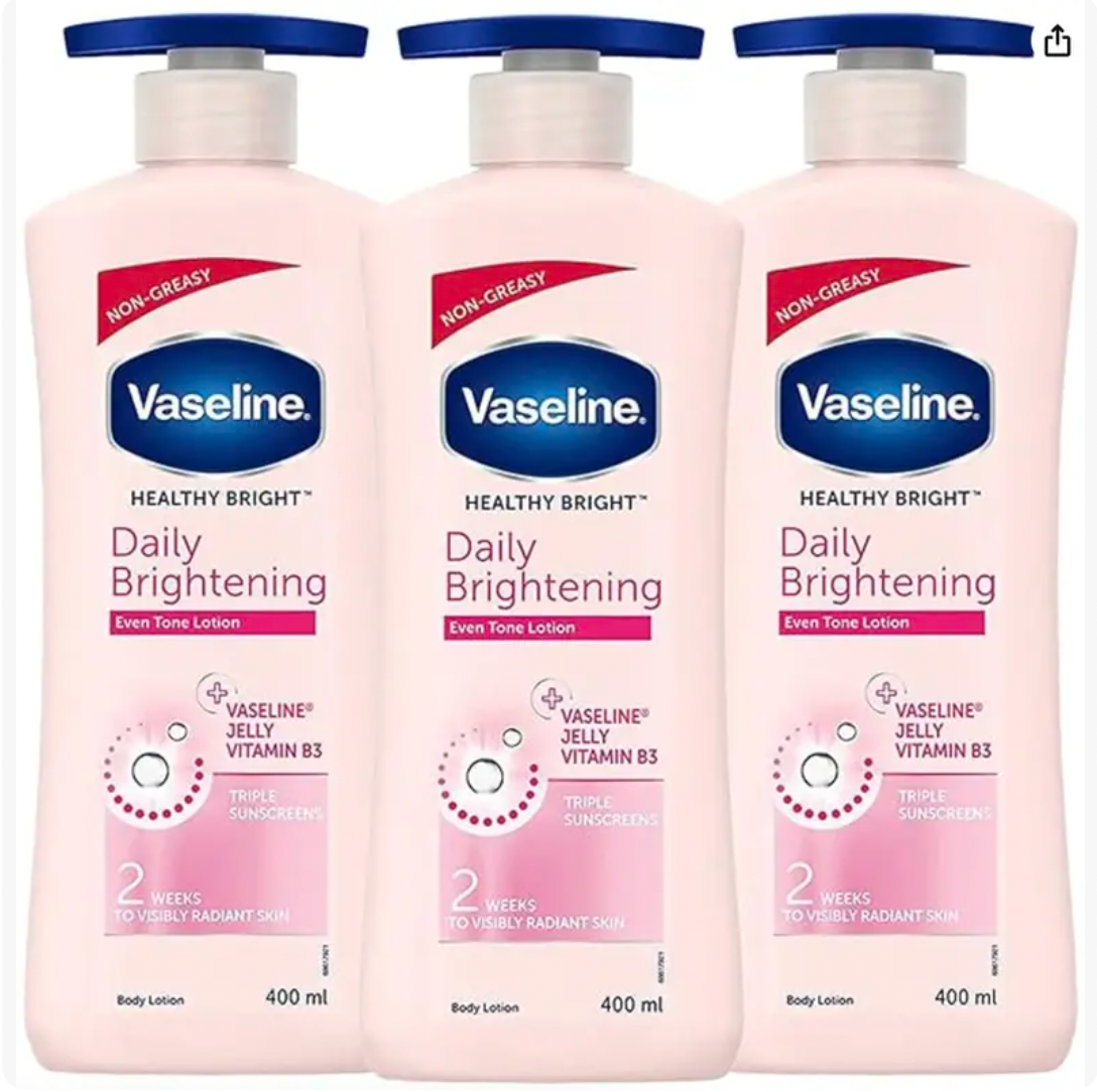 Vaseline Daily Brightening Lotion, Non Greasy Feel, Pump Bottle (Pack of 3) 600 mL Moisturizing Body Care Comfort Cream Glycerin Moisturizer Cosmetic