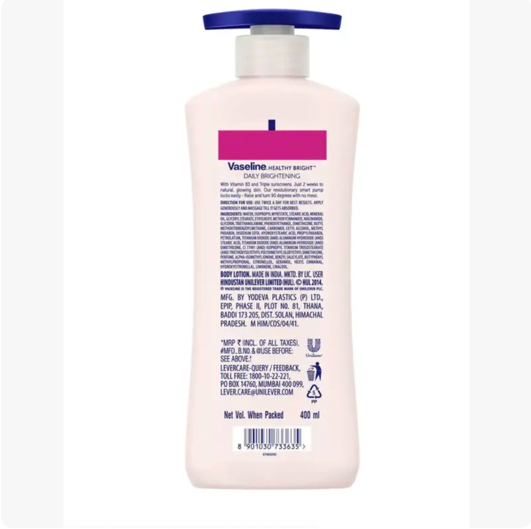 Vaseline Daily Brightening Lotion, Non Greasy Feel, Pump Bottle (Pack of 3) 600 mL Moisturizing Body Care Comfort Cream Glycerin Moisturizer Cosmetic