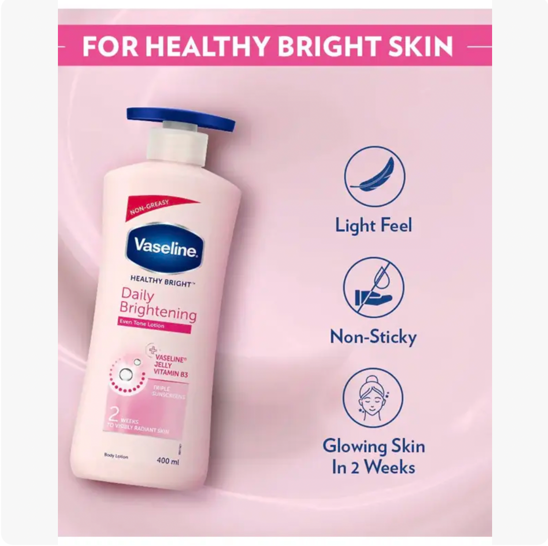 Vaseline Daily Brightening Lotion, Non Greasy Feel, Pump Bottle (Pack of 3) 600 mL Moisturizing Body Care Comfort Cream Glycerin Moisturizer Cosmetic