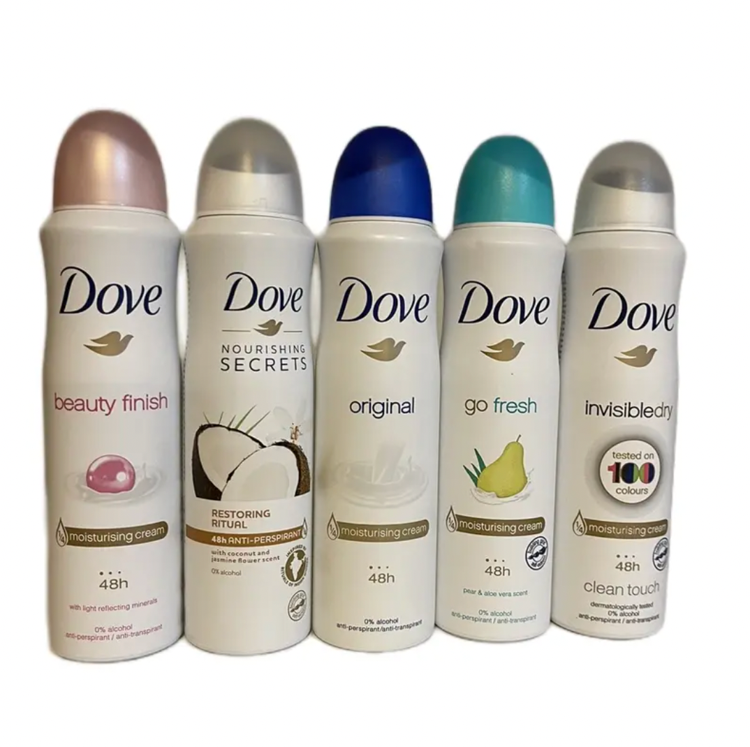 Dove antiperspirant Spray 150ml Restoring Ritual, Orginal, Beauty finish, go fresh, and InvisibleDry Pack of 5