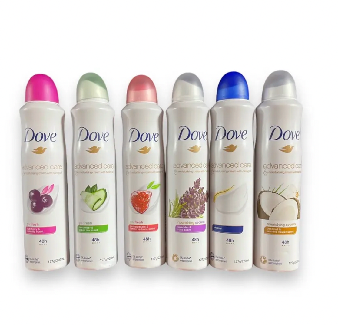 Dove Antiperspirant Deodorant Aerosol Special Edition Pack 6 Scents Cucumber Green Tea, Pomegranate, Original, Coconut 250ml Each Gentle Scented Aroma Package May Very